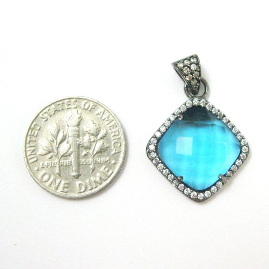 Wholesale Oxidized Sterling Silver Blue Topaz Quartz Bezel Gemstone Diamond Shape Pave Pendant, Wholesale Gemstone Pendants for Jewelry Making