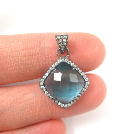 Wholesale Oxidized Sterling Silver Blue Topaz Quartz Bezel Gemstone Diamond Shape Pave Pendant, Wholesale Gemstone Pendants for Jewelry Making