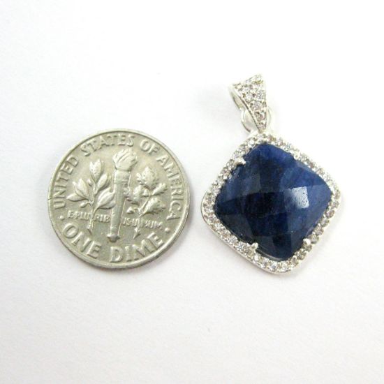 Wholesale Sterling Silver Blue Sapphire Dyed Bezel Gemstone Diamond Shape Pave Pendant, Wholesale Gemstone Pendants for Jewelry Making