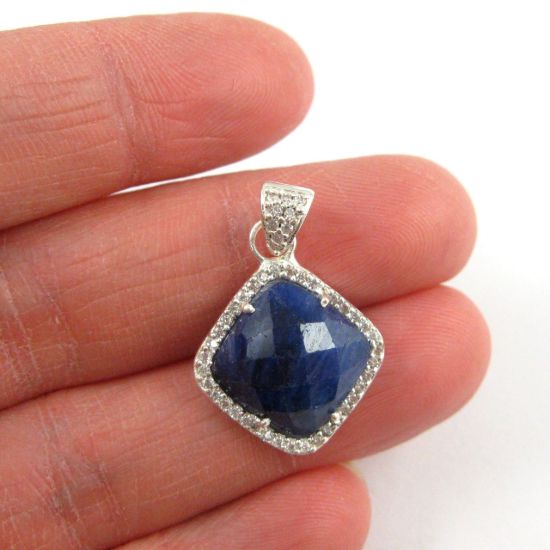 Wholesale Sterling Silver Blue Sapphire Dyed Bezel Gemstone Diamond Shape Pave Pendant, Wholesale Gemstone Pendants for Jewelry Making
