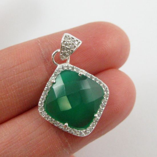 Wholesale Oxidized Sterling Silver Green Onyx Bezel Gemstone Diamond Shape Pave Pendant, Wholesale Gemstone Pendants for Jewelry Making
