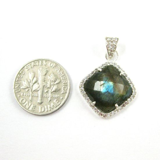 Wholesale Oxidized Sterling Silver Labradorite Bezel Gemstone Diamond Shape Pave Pendant, Wholesale Gemstone Pendants for Jewelry Making