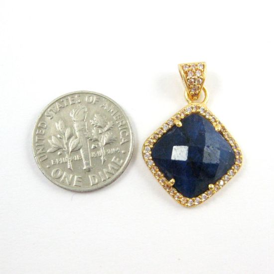 Wholesale Gold plated Sterling Silver Blue Sapphire Dyed Bezel Gemstone Diamond Shape Pave Pendant, Wholesale Gemstone Pendants for Jewelry Making