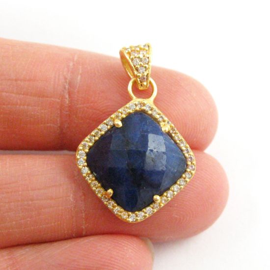 Wholesale Gold plated Sterling Silver Blue Sapphire Dyed Bezel Gemstone Diamond Shape Pave Pendant, Wholesale Gemstone Pendants for Jewelry Making