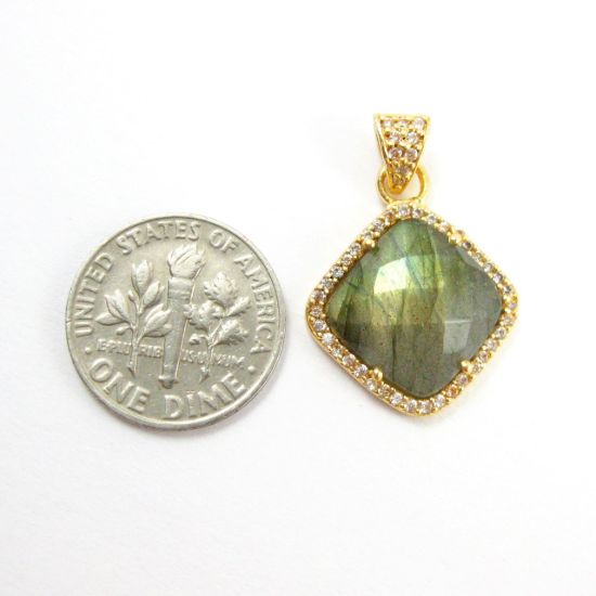Wholesale Gold plated Sterling Silver Labradorite Bezel Gemstone Diamond Shape Pave Pendant, Wholesale Gemstone Pendants for Jewelry Making