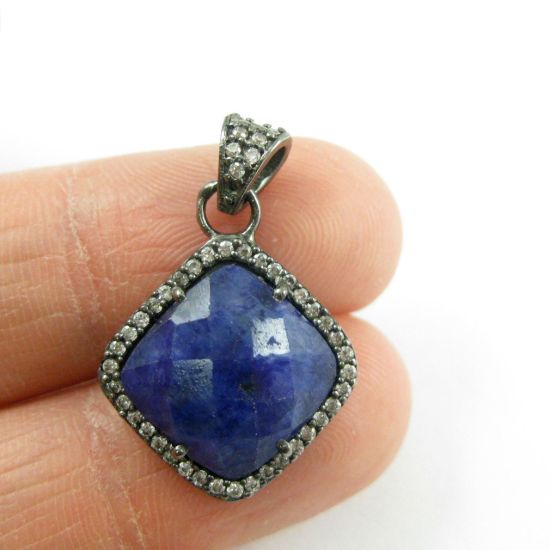 Wholesale Oxidized Sterling Silver Blue Sapphire Dyed Bezel Gemstone Diamond Shape Pave Pendant, Wholesale Gemstone Pendants for Jewelry Making