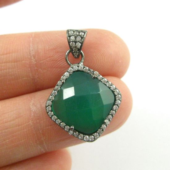 Wholesale Oxidized Sterling Silver Green Onyx Bezel Gemstone Diamond Shape Pave Pendant, Wholesale Gemstone Pendants for Jewelry Making