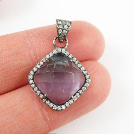 Wholesale Oxidized Sterling Silver Iolite Quartz Bezel Gemstone Diamond Shape Pave Pendant, Wholesale Gemstone Pendants for Jewelry Making