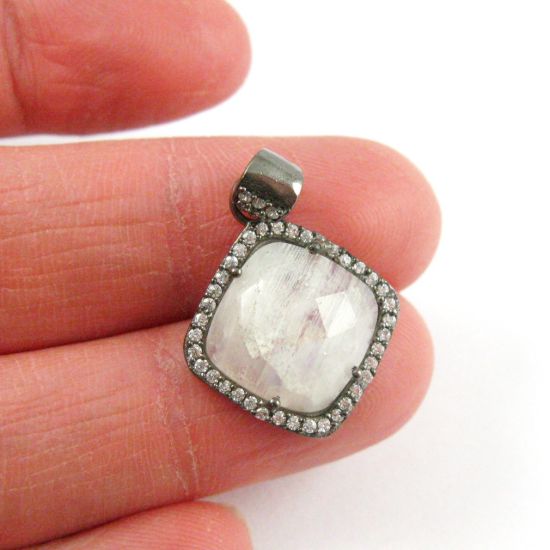Wholesale Oxidized Sterling Silver Moonstone Bezel Gemstone Diamond Shape Pave Pendant, Wholesale Gemstone Pendants for Jewelry Making