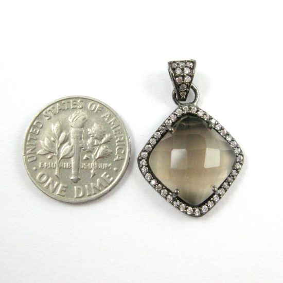 Wholesale Oxidized Sterling Silver Smokey Quartz Bezel Gemstone Diamond Shape Pave Pendant, Wholesale Gemstone Pendants for Jewelry Making