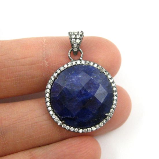 Wholesale Oxidized Sterling Silver Blue Sapphire Dyed Bezel Gemstone Round Pave Pendant, Wholesale Gemstone Pendants for Jewelry Making