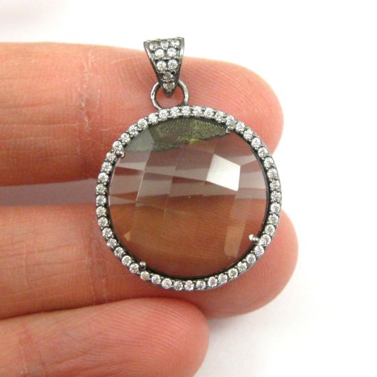 Wholesale Oxidized Sterling Silver Smokey Quartz Bezel Gemstone Round Pave Pendant, Wholesale Gemstone Pendants for Jewelry Making