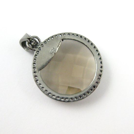 Wholesale Oxidized Sterling Silver Smokey Quartz Bezel Gemstone Round Pave Pendant, Wholesale Gemstone Pendants for Jewelry Making