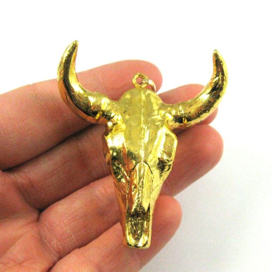 Wholesale Bull Skull Pendant, Natural Bone Skull Pendant, 24K Gold Covered, Huge Cow Skull Pendant, Horned Cattle Skull-57mm