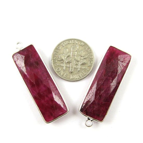 Wholesale Sterling Silver Bezel Charm Pendant - 34x11mm Elongated Rectangle Shape - Ruby Dyed - July Birthstone