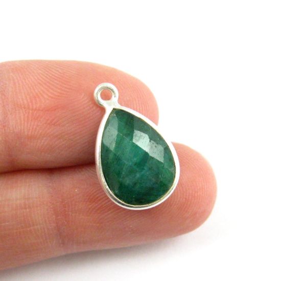 Wholesale Sterling Silver Bezel Gemstone Pendant - 10x14mm Faceted Small Teardrop - Emerald Dyed - May Birthstone
