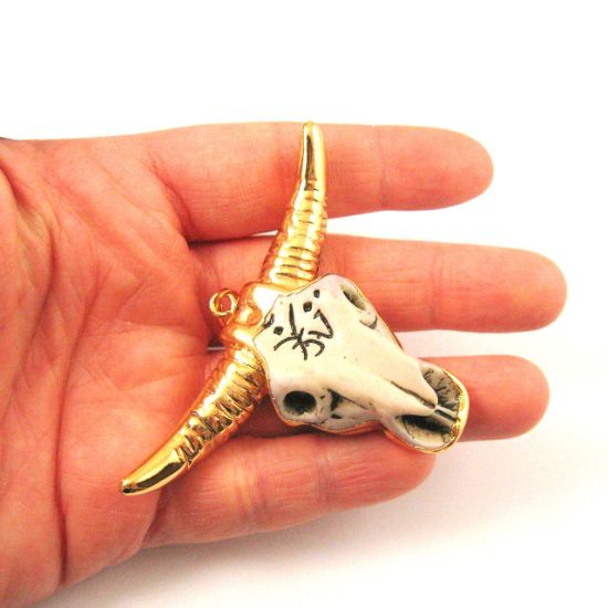 Wholesale Bull Skull Pendant, Natural Bone Skull Pendant, 24K Gold Edging, Tribal Cow Skull with Markings Pendant, Horned Bone Skull- 51mm
