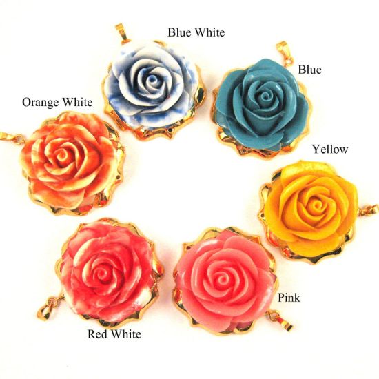 Wholesale Large Rose Pendant, Natural Carved Resin with 24K Gold Plated Brass, Gold Dipped Rose- Solid Pink Rose