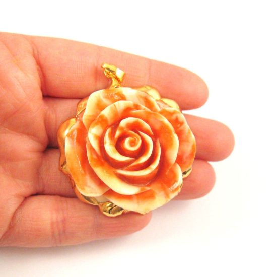 Wholesale Large Rose Pendant, Natural Carved Resin with 24K Gold Plated Brass, Gold Dipped Rose- Solid Pink Rose