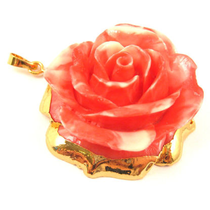 Wholesale Large Rose Pendant, Natural Carved Resin with 24K Gold Plated Brass, Gold Dipped Rose- Red and White Rose