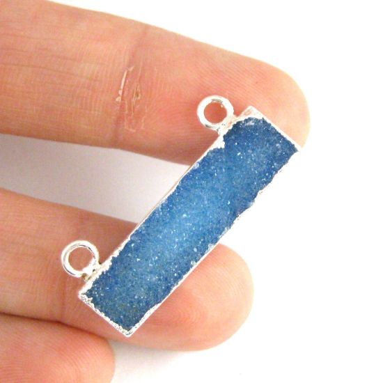 Wholesale Natural Druzy Agate Bar Connector Pendant, Silver plated Long Horizontal Bar-Blue