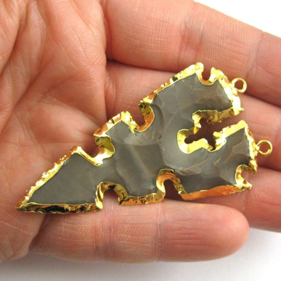 Wholesale Nature Agate Red Jasper Spear Pendant, Jagged Spear Shaped Pendant with 24K Gold Dipped Edging- 60mm