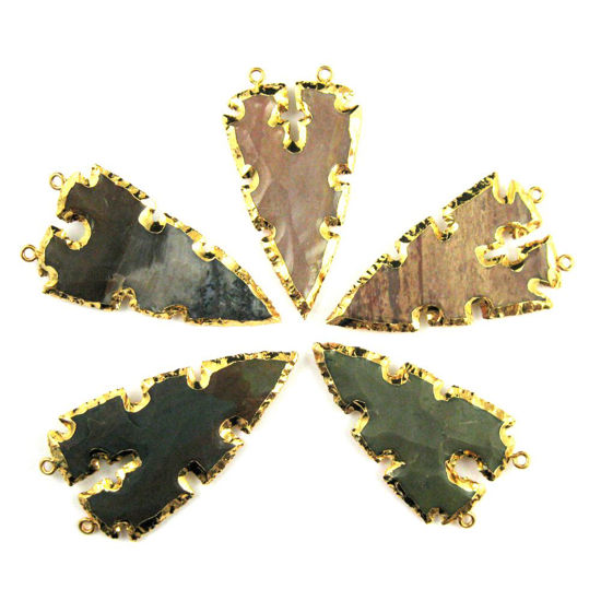 Wholesale Nature Agate Jasper Spear Pendant, Jagged Spear Shaped Pendant with 24K Gold Dipped Edging-Assorted Stone Color- 60mm