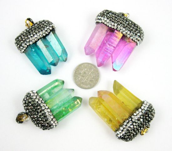 Wholesale Natural Aura Quartz Tri Crystal Pave Pendant - Tri Pendulum Spike Pendant - Yellow Crystal- 45mm