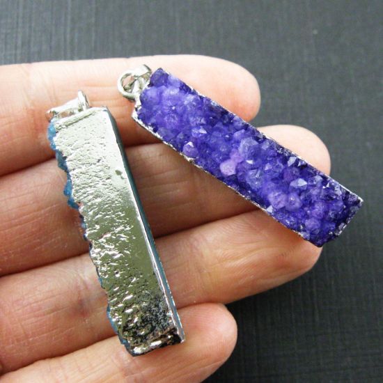 Wholesale Druzy Bar Pendant, Blue Purple Pink Druzy Agate Bar Pendant- Vertical- Silver plated Brass Edge and Bail - 52mm