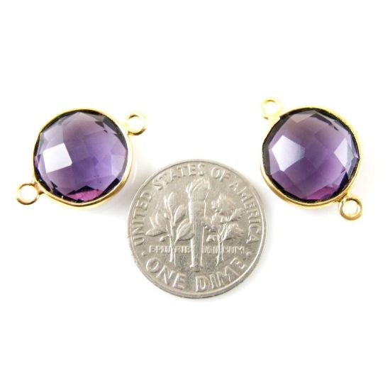 Wholesale Gold Over Sterling Silver Bezel Gemstone Link - Faceted Coin Shape - Amethyst Quartz - February Birthstone