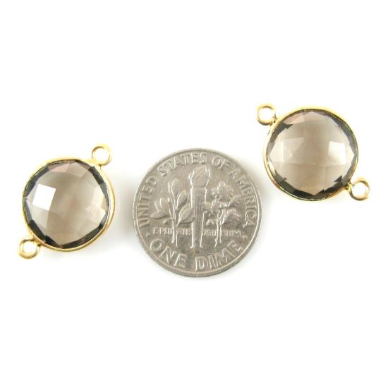 Wholesale Bezel Gemstone Links - Gold Plated Sterling Silver - Faceted Coin Shape - Smoky Quartz
