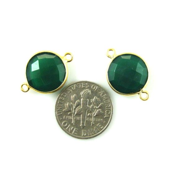 Wholesale Gold Over Sterling Silver Bezel Gemstone Link - Faceted Coin Shape - Green Onyx