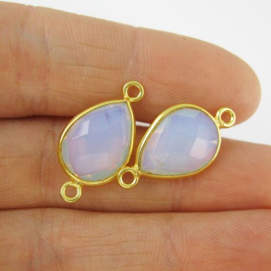 Wholesale Bezel Gemstone Links - Vermeil Connector - 10x14mm Faceted Pear - Opalite Quartz - October Birthstone