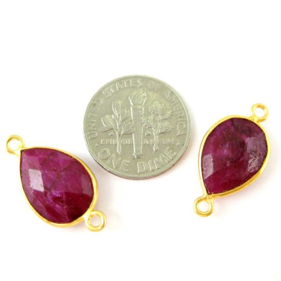 Wholesale Bezel Gemstone Links - Vermeil Connector - 10x14mm Faceted Pear - Ruby Dyed - July Birthstone
