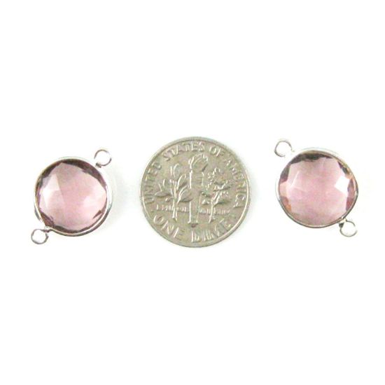 Wholesale Sterling Silver Pink Amethyst Quartz Coin Bezel Gemstone Connector Links, Wholesale Gemstone Charms and Pendants for Jewelry Making