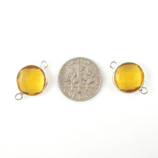 Wholesale Sterling Silver Citrine Quartz Coin Bezel Gemstone Connector Links, Wholesale Gemstone Charms and Pendants for Jewelry Making