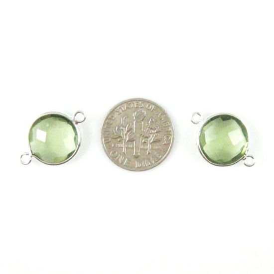Wholesale Sterling Silver Green Amethyst Quartz Coin Bezel Gemstone Connector Links, Wholesale Gemstone Charms and Pendants for Jewelry Making