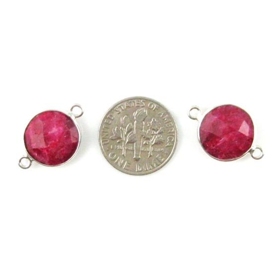 Wholesale Sterling Silver Dyed Ruby Coin Bezel Gemstone Connector Links, Wholesale Gemstone Charms and Pendants for Jewelry Making