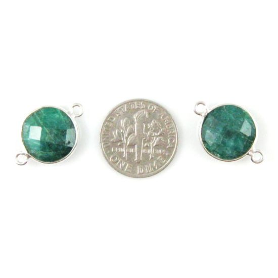 Wholesale Sterling Silver Dyed Emerald Coin Bezel Gemstone Connector Links, Wholesale Gemstone Charms and Pendants for Jewelry Making