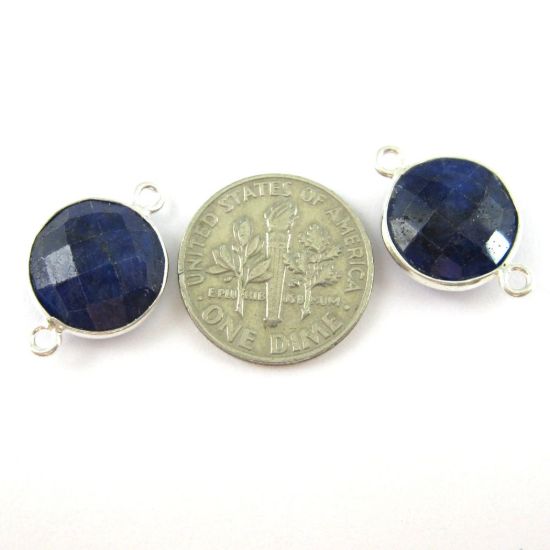 Wholesale Sterling Silver Blue Sapphire Dyed Coin Bezel Gemstone Connector Links, Wholesale Gemstone Charms and Pendants for Jewelry Making
