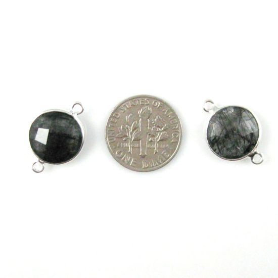 Wholesale Sterling Silver Black Rutilated Quartz Coin Bezel Gemstone Connector Links, Wholesale Gemstone Charms and Pendants for Jewelry Making