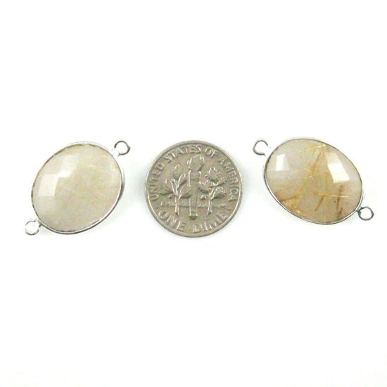 Wholesale Sterling Silver Bezel Gemstone Links - Faceted Oval Shape - Gold Rutilated Quartz