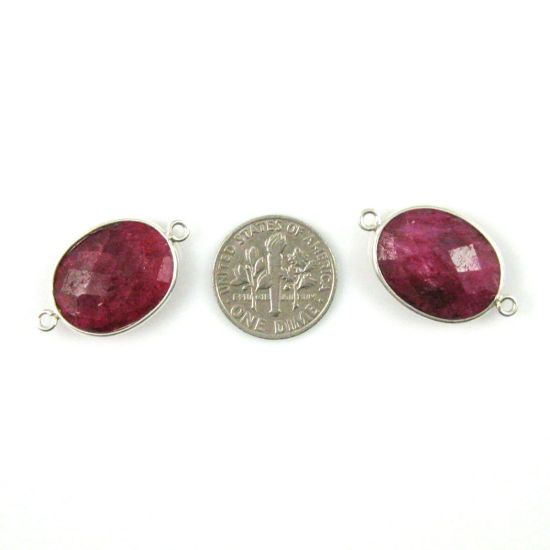 Wholesale Sterling Silver Bezel Gemstone Links - Faceted Oval Shape - Ruby Dyed - July Birthstone