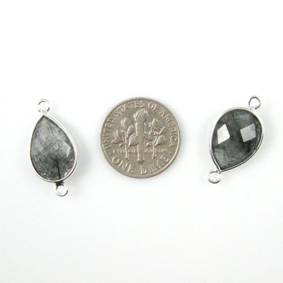 Wholesale Sterling Silver Bezel Gemstone Links - Faceted Pear Shape - Black Rutilated Quartz
