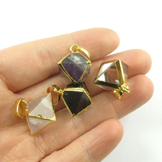 Gold Plated Amethyst Octahedron Gemstone Pendant - 8 Sided Gemstone Pendant - 25mm