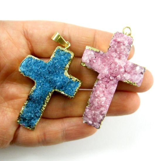 Wholesale Natural Agate Druzy Pendant, Purple Druzy Cross ,Agate Gold Edging, Large Druzy Cross Pendant
