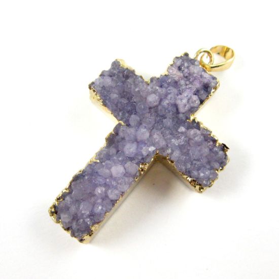 Wholesale Natural Agate Druzy Pendant, Purple Druzy Cross ,Agate Gold Edging, Large Druzy Cross Pendant