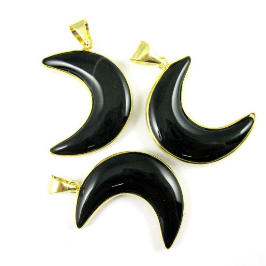 Wholesale  Natural Black Agate Necklace Pendant, Arch Shape Pendant, Natural Black, Crescent Moon Shape Pendant Gold plated Brass - 35mm