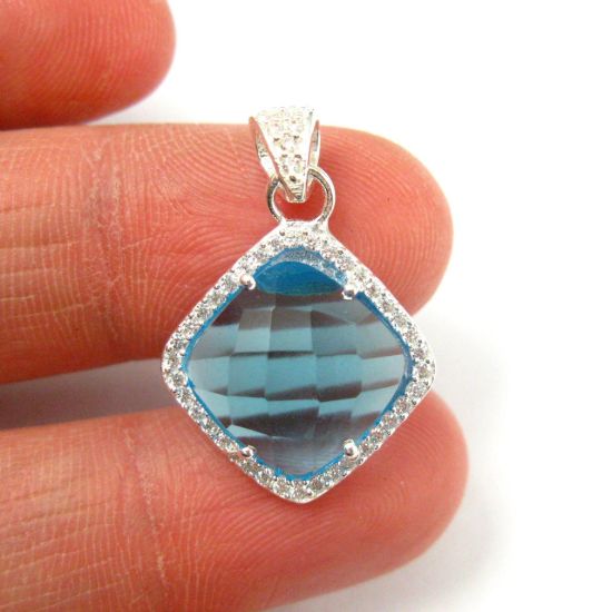 Wholesale Oxidized Sterling Silver Blue Topaz Quartz Bezel Gemstone Diamond Shape Pave Pendant, Wholesale Gemstone Pendants for Jewelry Making