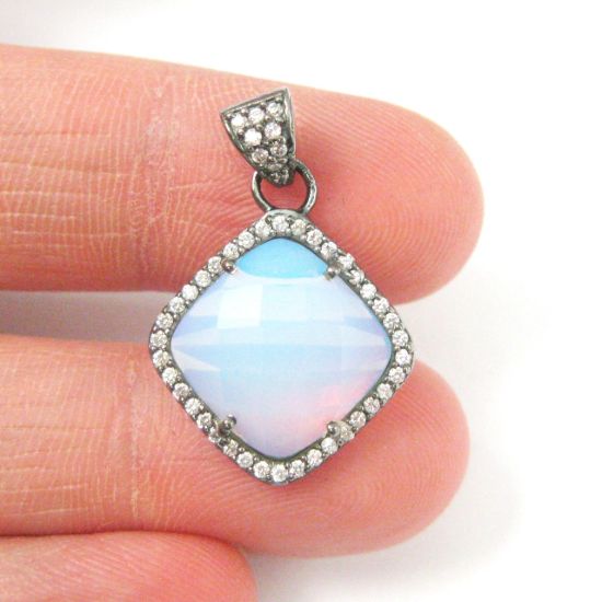 Wholesale Oxidized Sterling Silver Opalite Quartz Bezel Gemstone Diamond Shape Pave Pendant, Wholesale Gemstone Pendants for Jewelry Making